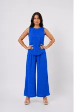 Women's Navy Blue Linen Textured Relaxed Fit Two-Piece Set HZL26S-VL15141 Women's Navy Blue Linen Textured Relaxed Fit Two-Piece Set HZL26S-VL15141