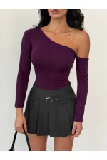 Kadın Mor Asimetrik Yaka Drapeli Sandy Bluz HZL25S-FRY123361