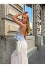 Chemisier dos nu en lin bleu pour femme HZL24S-ZK11081