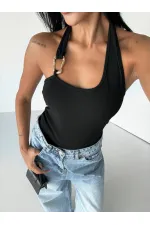 Kadın Siyah Ottoman Kumaş Halter Yaka Toka Detay Bluz HZL26W-BD123321