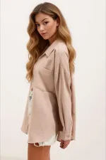 Kadın Bisküvi Tek Cepli Oversize Keten Ayrobin Gömlek HZL24S-BD1201531