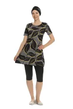 Women's Black Leaf Pattern Short Sleeve Semi-Covered Tights Swimsuit HZL25S-AR202/506