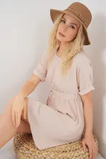 Kadın Kısa Kol Mini Ayrobin Elbise 2572 - Krem