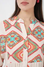 Kadın Desenli Uzun Tesettür Elbise 2585 - Bej