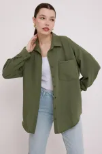 Chemise en lin oversize à poche unique 20153 - Kaki