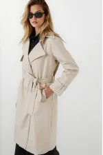 Women's Beige Double-Breasted Belted Lined Trench Coat HZL25W-BD159181