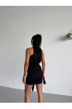 Robe courte noire asymétrique à boucle pour femme, en tissu drapé couleur sable, HZL26S-FRY123881