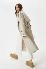 Kadın Krem Kruvaze Yaka Astarlı Kemerli Mevsimlik Trençkot HZL25W-BD159411