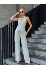 Kadın Vizon Çizgili Önü Fermuarlı Bluz Pantolon İkili Takım HZL25S-ZK13691