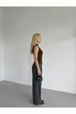 Women's Brown Tulle Detail V-Neck Side Draped Sandy Blouse HZL26S-FRY123791