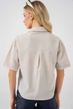 Kadın Krem Keten Görünümlü Crop Gömlek HZL25S-BD1203391