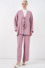 Kimono deux pièces en lin pour femme 6727 - Rose