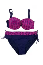 Kadın Fuşya Zincir Desenli Büyük Beden Astarlı Lacivert Bikini Takım HZL25S-LC3303