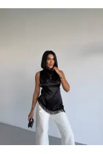 Women's Black Halter Neck Asymmetrical Cut Fringe Detail Satin Blouse HZL26S-FRY123911