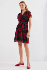 Robe courte en mousseline à motifs, manches courtes, noire (réf. 2502)