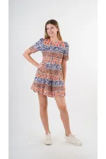 Kadın Lacivert Orange Etnik Desenli Bisiklet Yaka Astarsız Elbise HZL24S-YY238