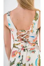 Kadın Krem Tropical Desenli Askılı Sırt Bağlamalı Kuşaklı Mini Elbise HZL24S-YY297