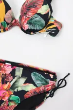 Women's Black Leaf Patterned Strappy High Waist Shapewear Bikini Set HZL24S-LC22625