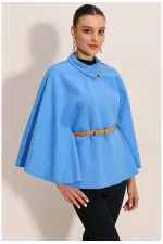Poncho en cachemire bleu pour femme, col Judge, ceinture détaillée HZL24W-BD191341
