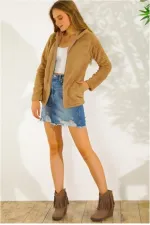 Kadın Hardal Welsoft esnek kumaş Peluş Yumoş Önü Fermuarlı Kapüşonlu Ceket HZL23W-DSB110081