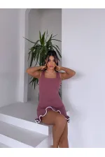 Kadın Gül Kurusu Eteği Fırfırlı Burgu Kumaş Mini Elbise HZL25S-FRY122971