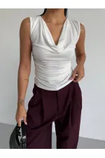 Kadın Beyaz Degaje Yaka Yanlardan Drapeli Sandy Bluz HZL25S-FRY123131