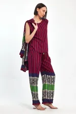 Kadın Mürdüm Çizgili Atlet Kimono Ve Pantolon Dokuma Viscon Alt Üst Takım HZL25S-VM110421