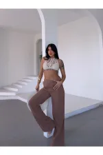 Kadın Camel Beli Lastikli Müslin Kumaş Bol Paça Pantolon HZL25S-DSB12221