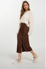 Kadın Kahverengi Beli Lastikli Yırtmaçlı Uzun Etek HZL22S-BD118801