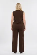Kadın Kahverengi Büyük Beden V Yaka Yelek Pantolon İkili Takım HZL26S-PR12131