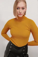 Pull col roulé côtelé moutarde pour femme HZL22W-BD1445001