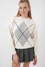 15895 Baklava Desenli Oversize Triko Kazak - A.Gri