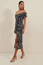 2396 Yırtmaçlı Yazlık Örme Elbise - A.Siyah