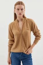 15880 Fermuarlı Triko Hırka - Bisküvi