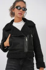 Veste croisée en similicuir et fausse fourrure 5155 - Noire