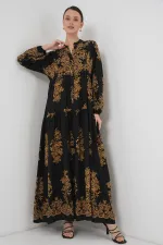 Black Gold Patterned Hijab Dress 2423