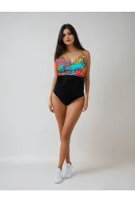 Women's Black Multicolored V-Neck Swim Trunks HZL25S-LC4008