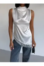 Women's White Halter Neck Asymmetrical Cut Fringe Detail Satin Blouse HZL26S-FRY123911