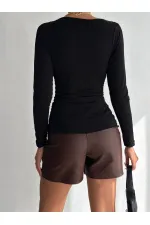 Kadın Siyah Degaje Yaka Yandan Büzgülü Uzun Kol Sandy Bluz HZL24W-FRY122481