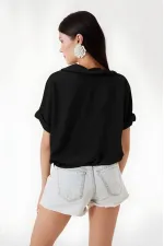 Kadın Siyah Polo Yaka Geniş Kesim Örme Bluz HZL24S-BD104861