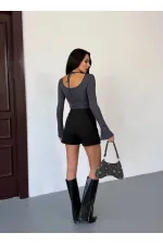 Kadın Antrasit Uzun Kollu Arkası Bağlamalı Fit Kesim Crop Bluz HZL25W-FRY122771