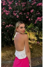 Kadın Beyaz Boyundan Bağlamalı Sırtı Açık Keten Bluz HZL24S-ZK11081