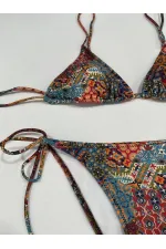 Ensemble bikini triangle dos nu à motif ethnique marron pour femme HZL25S-LC5005