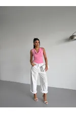 Women's Pink V-Neck Sandy Blouse with Side Drapes HZL25S-FRY123131 Women's Pink V-Neck Sandy Blouse with Side Drapes HZL25S-FRY123131