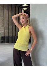 Kadın Sarı Boyundan Bağlamalı Gofre Kumaş Bluz HZL25S-ZK13631