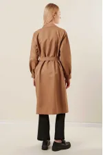 Women's Camel Double-Breasted Belted Unlined Seasonal Comfortable Trench Coat HZL22S-BD158531