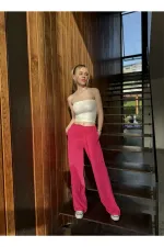 Pantalon large en lin rose pour femme, taille élastique, avec poches, HZL24S-ZK11051