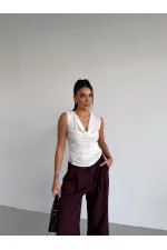 Kadın Beyaz Degaje Yaka Yanlardan Drapeli Sandy Bluz HZL25S-FRY123131