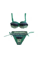 Kadın Yeşil Taş İşlemeli Etnik Desenli Astarlı Bikini Takımı HZL25S-LC3305