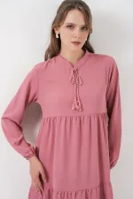 T1627 Yaka Bağcıklı Elbise - Gül Kurusu